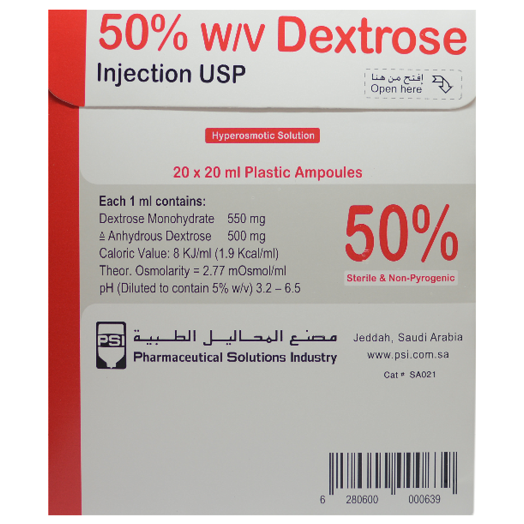 50% w/v Dextrose Injection USP 20X20ml plastic Amps  